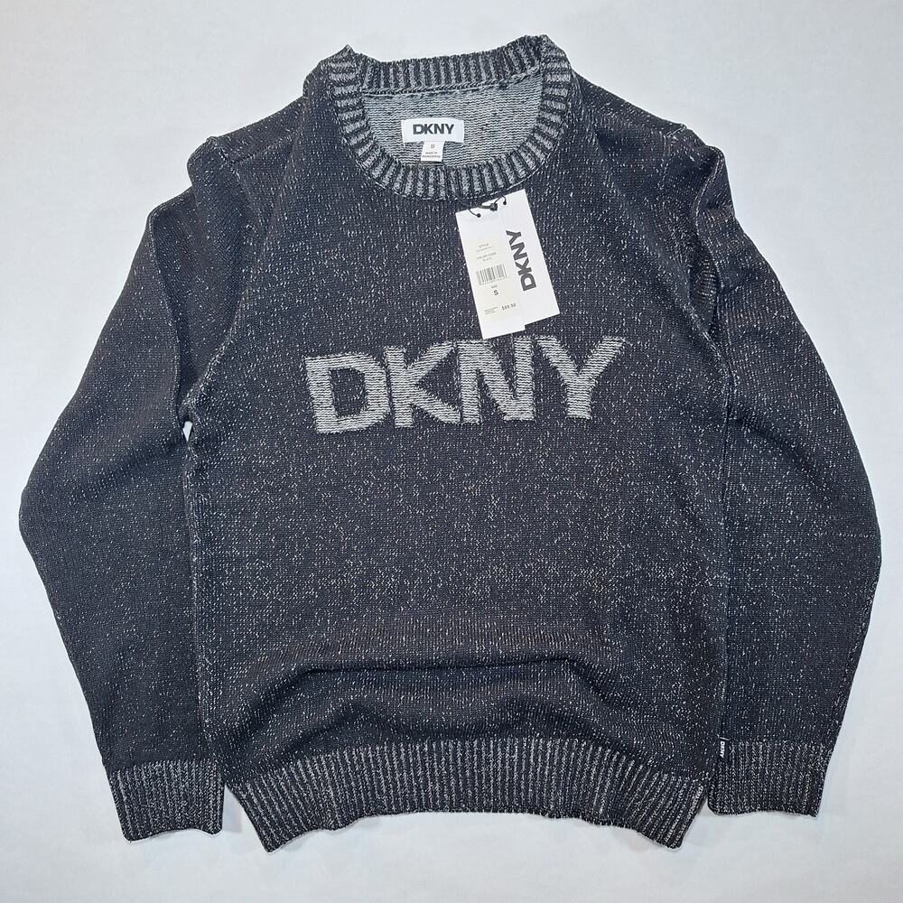 DKNY Sweater Mens Small Black Knit Pullover Long Sleeve Crew Neck Spellout Logo